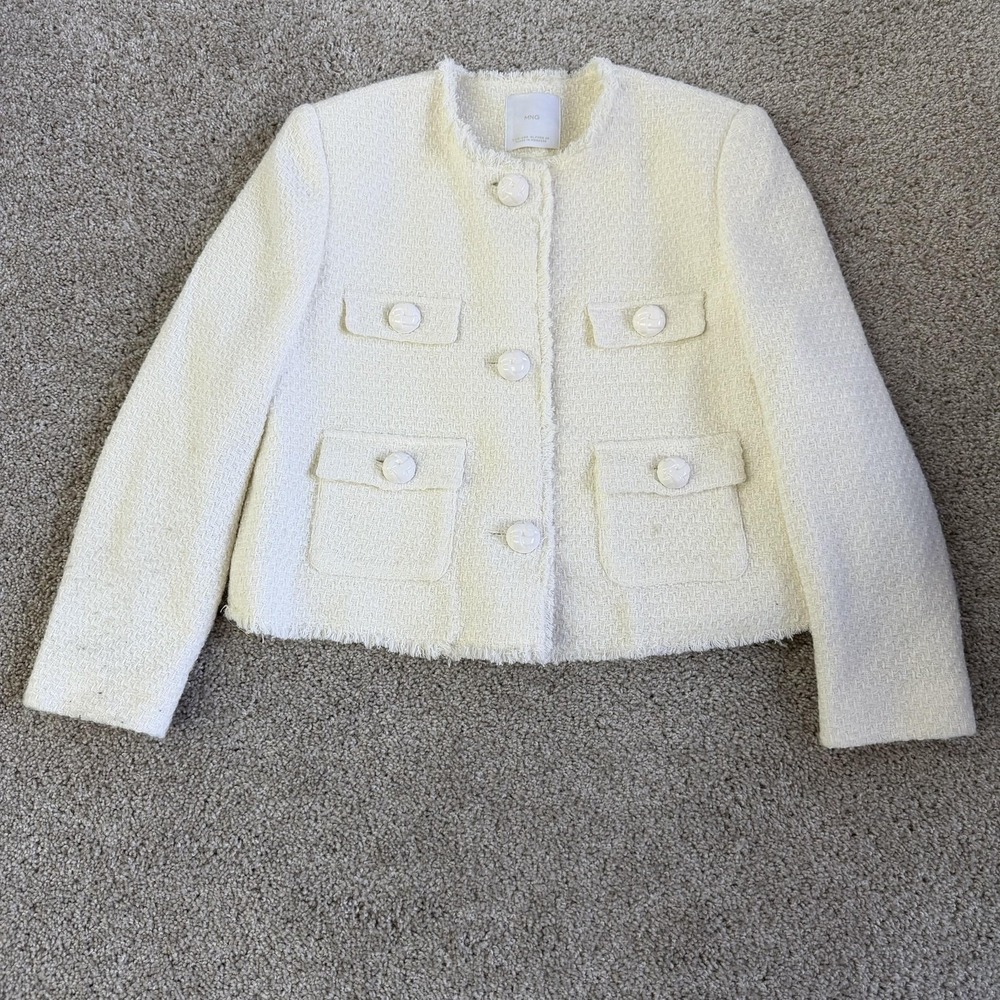 MNG Blazer Jacket Womens XL White Tweed Collarless Button Fringe Pockets
